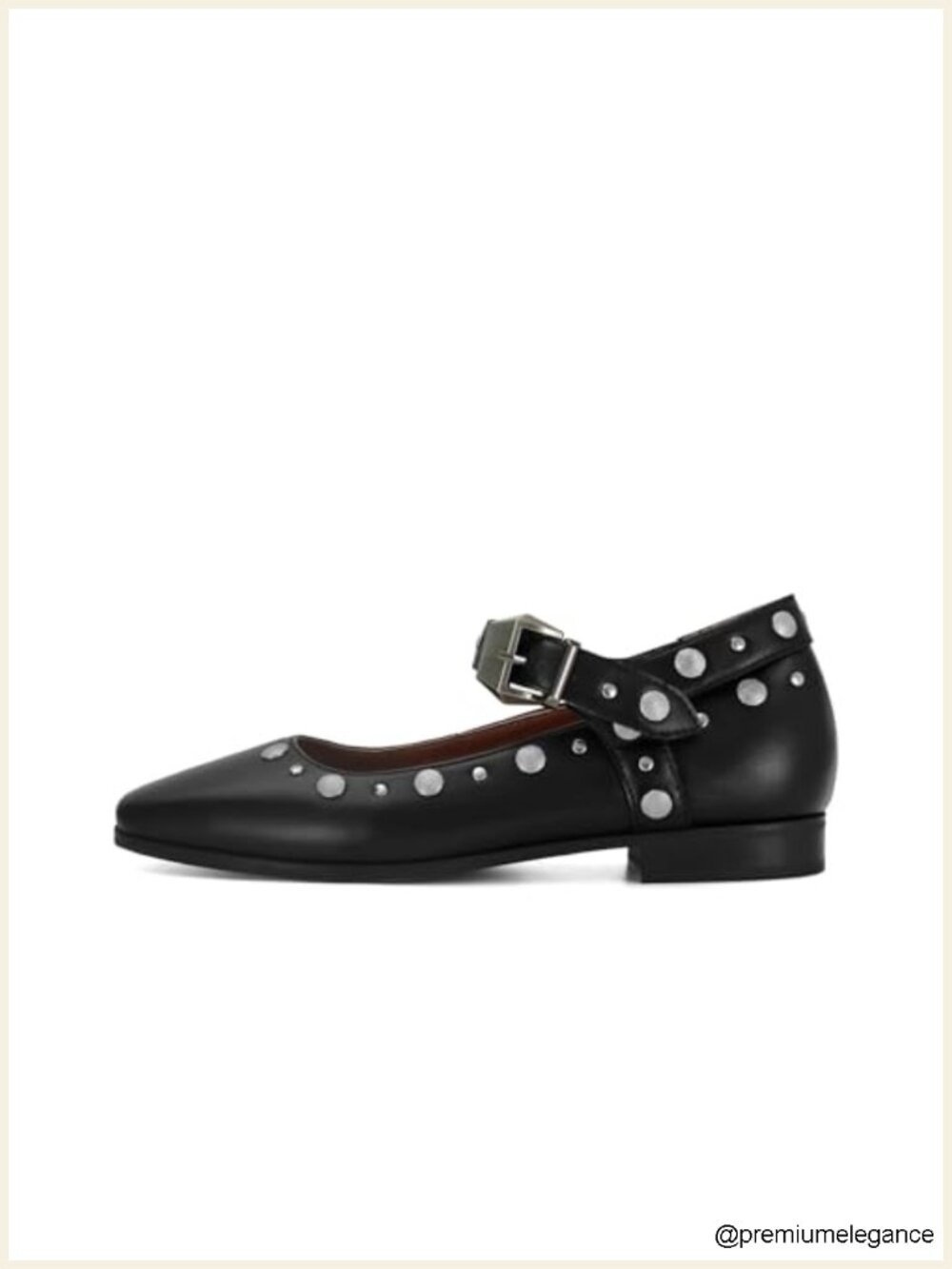 Studded Mary Jane Flats for Women Square Toe Buckle Strap Faux Leather Ballet